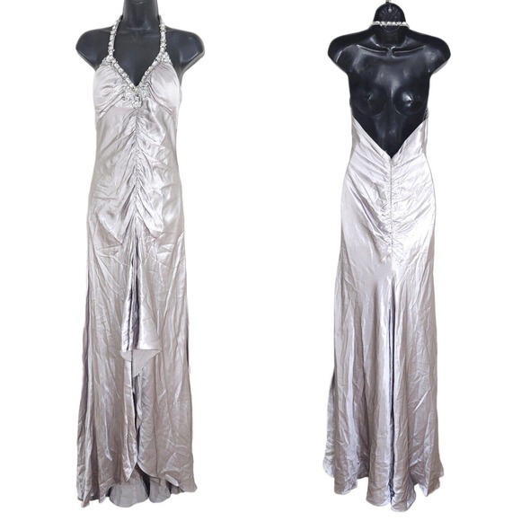 Niteline Dresses & Skirts - Niteline Dress Vtg 90s Y2K Gray Silver Silk Beaded Ruched Slip Hi Low Gown 8 M